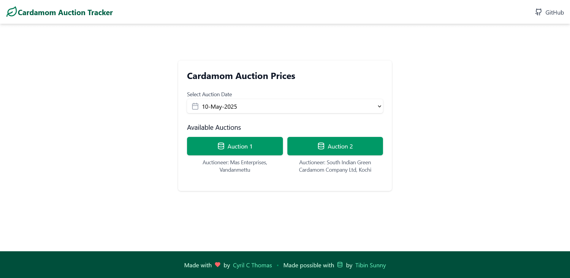 Cardamom Auction Tracker application screenshot